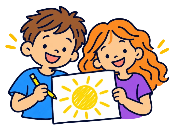 Two smiling children showing their drawing and a colouring pencil