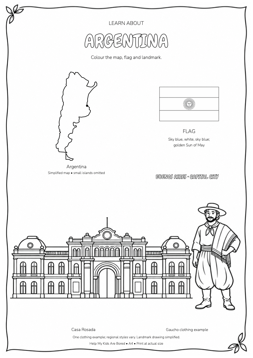Learn About Argentina — Country Colouring Page