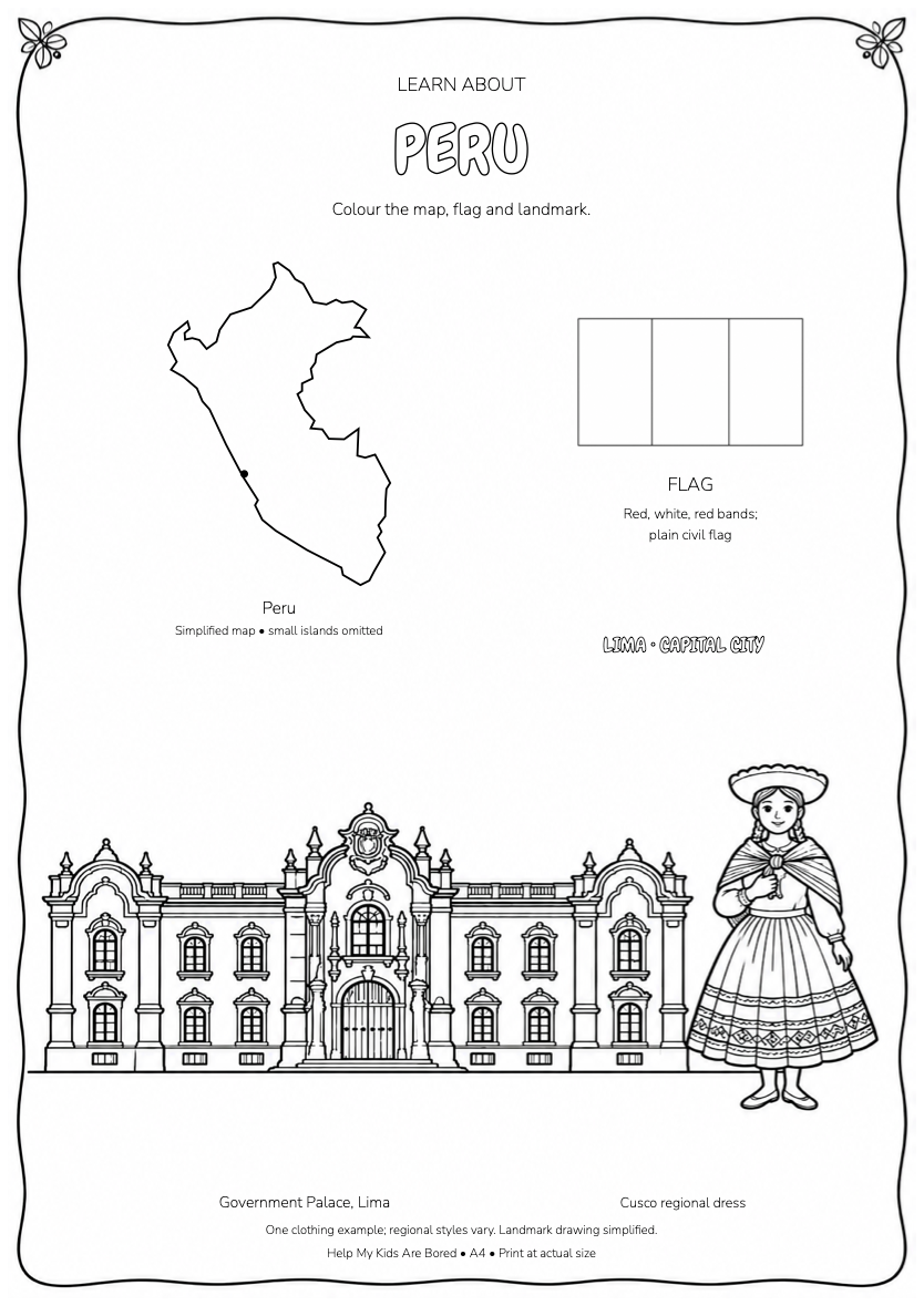 Learn About Peru — Country Colouring Page