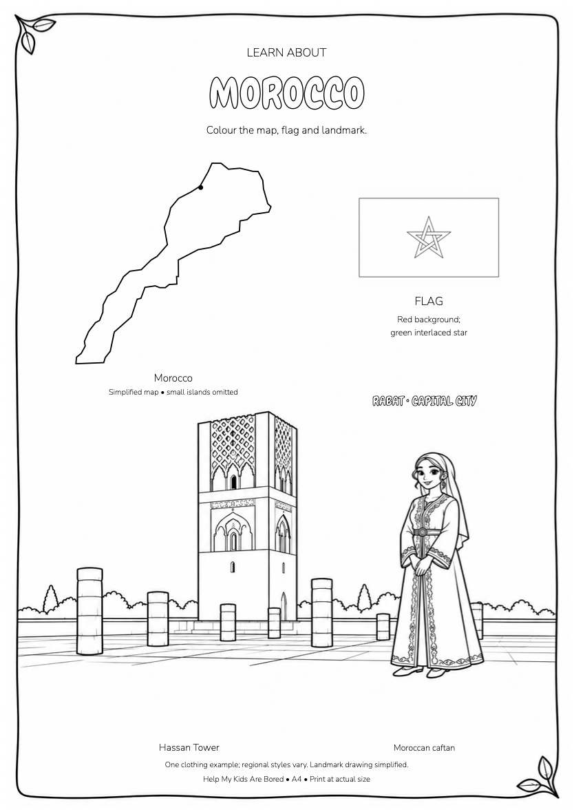 Learn About Morocco — Country Colouring Page