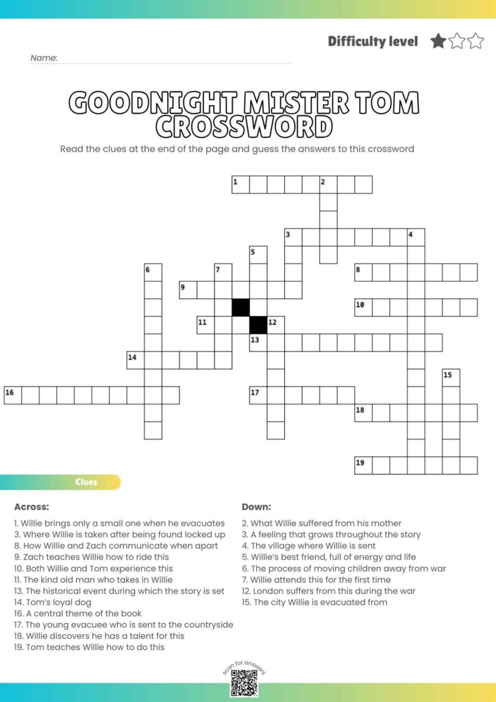 Goodnight Mister Tom Crossword Puzzle – Free Printable Literature Fun