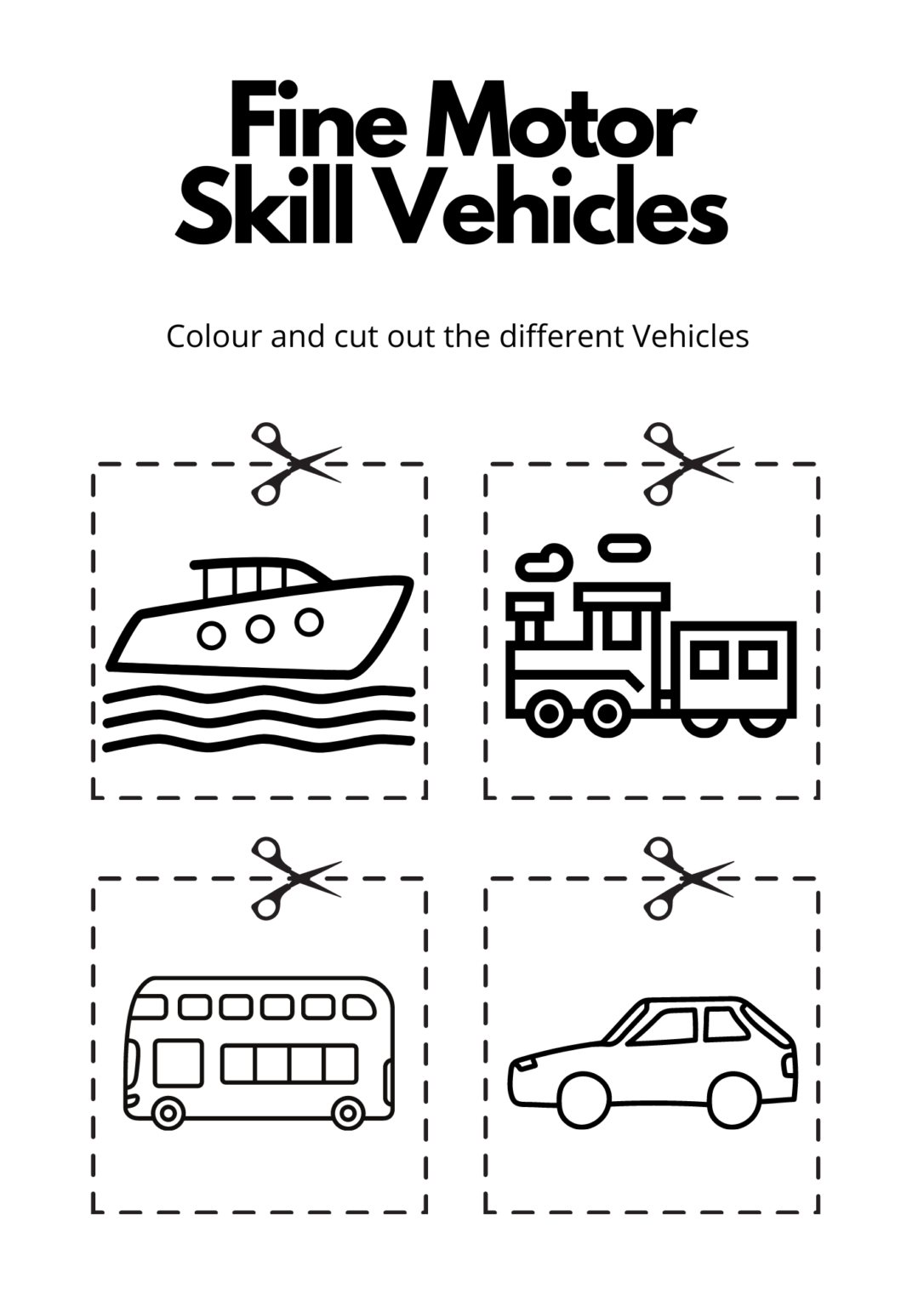 Fine Motor Skill Vehicles Cut and Color Activity Sheet - Help My Kids